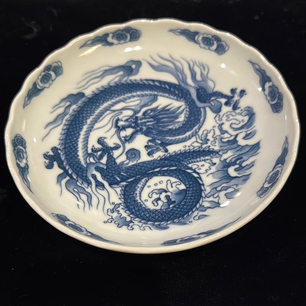 Signed Vintage Blue and White Dragon Plate